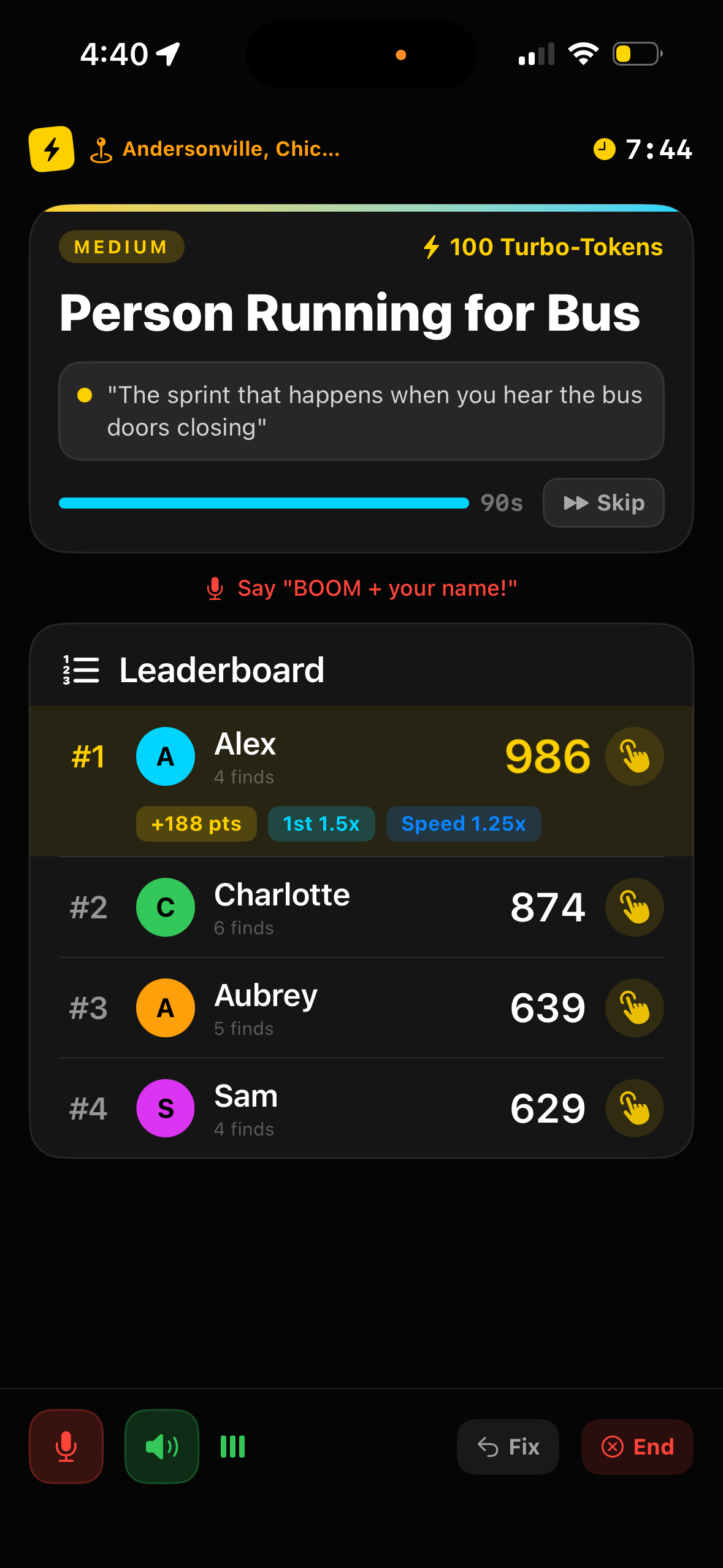 Active gameplay showing Person Running for Bus target with 4-player leaderboard and scores
