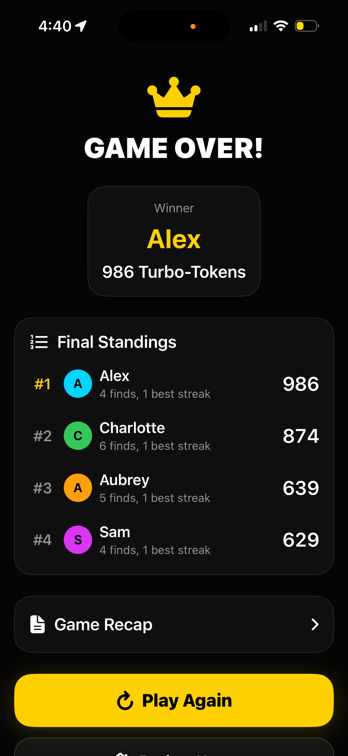 Game over screen showing Alex as champion with 986 Turbo-Tokens and final standings