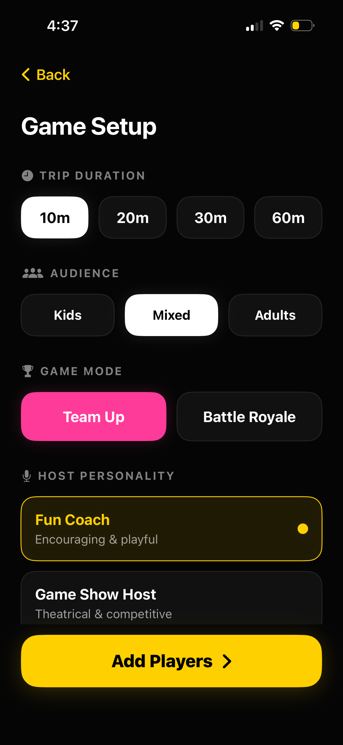 Game setup showing Team Up and Battle Royale modes, Fun Coach personality selected